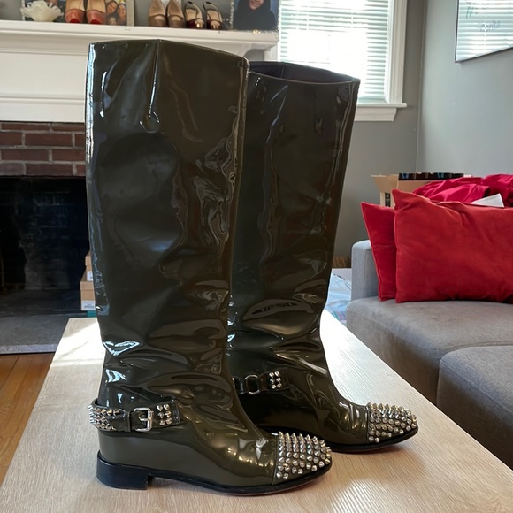 Christian Louboutin Shoes - Christian Louboutin Olive Green Patent Leather Studded Knee Boots
